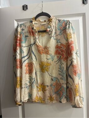 Spartina 449  size M Cream Floral Ruffle V-Neck Blouse with Yellow, Coral & Teal